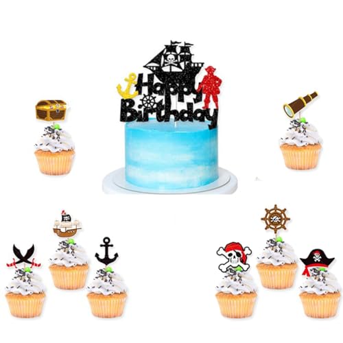 Guoguonb Pirate Tortendekorationen 1 Groß Happy Birthday Cake Topper und 16 Stück Pirate Cupcake für Piratenthema Thema Kuchen Deko Kinder Geburtstagsparty Dekoration von Guoguonb