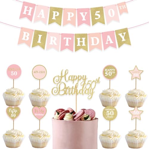 Guoguonb Rosa Serie Tortendekorationen 50 Jahr Geburtstag Deko Cake Topper Happy Birthday Banner für Exquisite Mädchen 50. Geburtstag Dekoration Requisiten für Fotos von Guoguonb