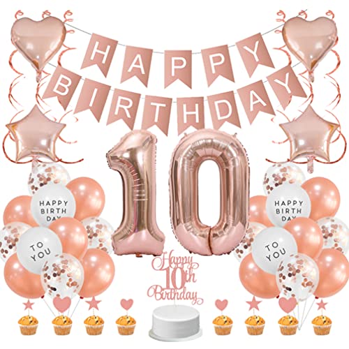 Guoguonb Roségold 10. Geburtstag Dekoration Set 10 Jahr Geburtstag Deko Happy Birthday Banner Luftballons Cake Topper Tortendekoration für Mädchen Freundin Tochter Geburtstag von Guoguonb