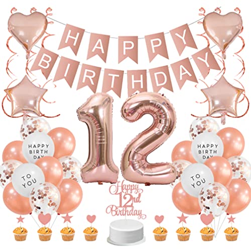 Guoguonb Roségold 12. Geburtstag Dekoration Set 12 Jahr Geburtstag Deko Happy Birthday Banner Luftballons Cake Topper Tortendekoration für Mädchen Freundin Tochter Geburtstag von Guoguonb