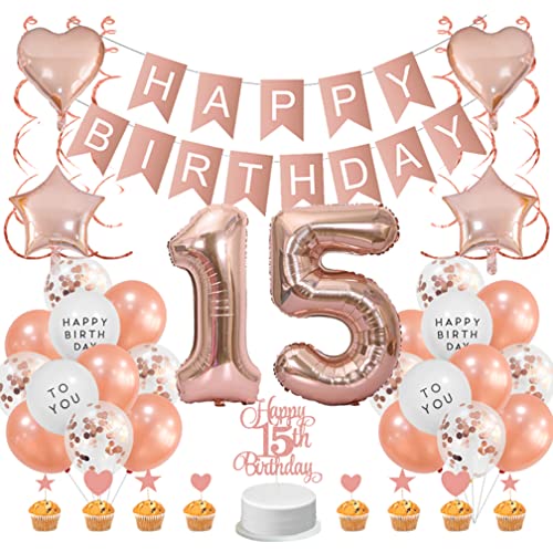 Guoguonb Roségold 15. Geburtstag Dekoration Set 15 Jahr Geburtstag Deko Happy Birthday Banner Luftballons Cake Topper Tortendekoration für Mädchen Freundin Tochter Geburtstag von Guoguonb