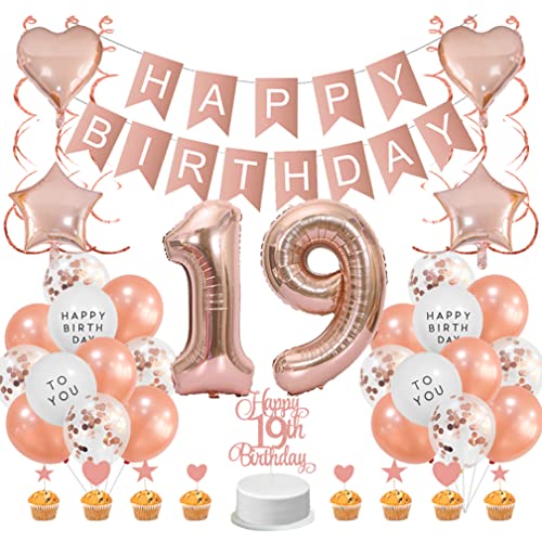 Guoguonb Roségold 19. Geburtstag Dekoration Set 19 Jahr Geburtstag Deko Happy Birthday Banner Luftballons Cake Topper Tortendekoration für Mädchen Freundin Tochter Geburtstag von Guoguonb