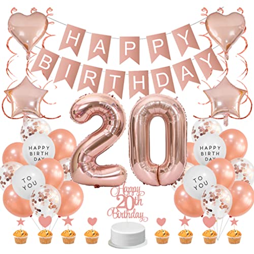 Guoguonb Roségold 20. Geburtstag Dekoration Set 20 Jahr Geburtstag Deko Happy Birthday Banner Luftballons Cake Topper Tortendekoration für Mädchen Freundin Tochter Geburtstag von Guoguonb