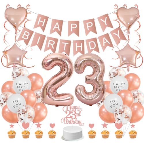 Guoguonb Roségold 23. Geburtstag Dekoration Set 23 Jahr Geburtstag Deko Happy Birthday Banner Luftballons Cake Topper Tortendekoration für Mädchen Madame Frauen Geburtstag von Guoguonb