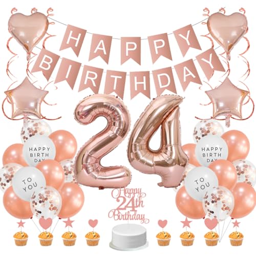 Guoguonb Roségold 24. Geburtstag Dekoration Set 24 Jahr Geburtstag Deko Happy Birthday Banner Luftballons Cake Topper Tortendekoration für Mädchen Madame Frauen Geburtstag von Guoguonb