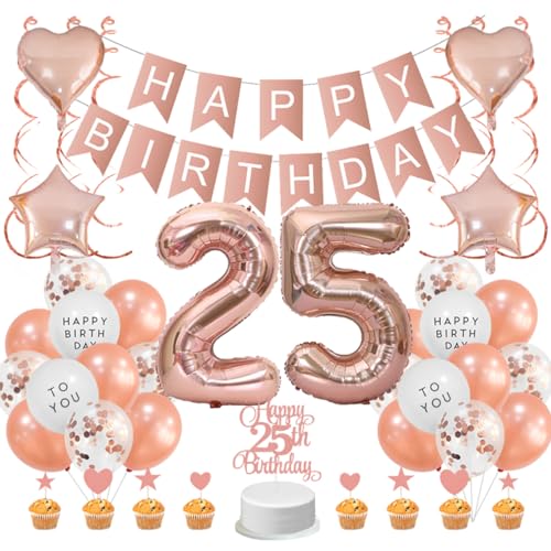 Guoguonb Roségold 25. Geburtstag Dekoration Set 25 Jahr Geburtstag Deko Happy Birthday Banner Luftballons Cake Topper Tortendekoration für Mädchen Madame Frauen Geburtstag von Guoguonb