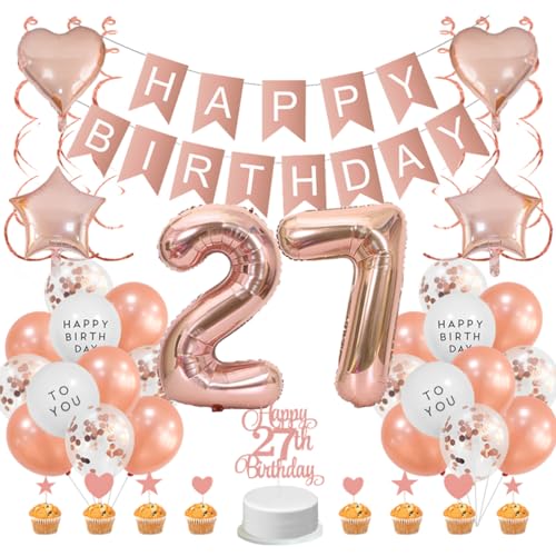 Guoguonb Roségold 27. Geburtstag Dekoration Set 27 Jahr Geburtstag Deko Happy Birthday Banner Luftballons Cake Topper Tortendekoration für Mädchen Madame Frauen Geburtstag von Guoguonb