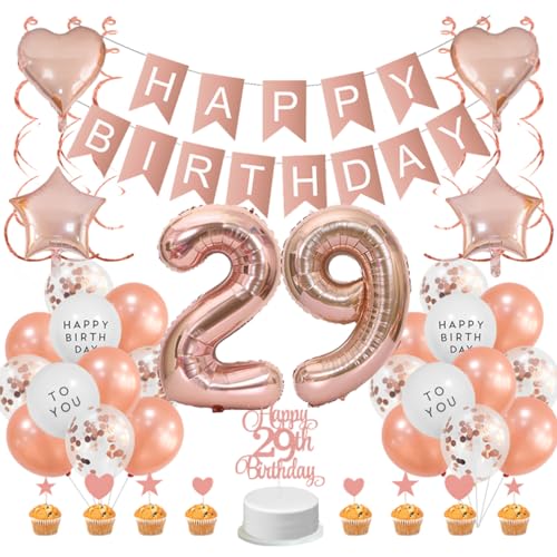 Guoguonb Roségold 29. Geburtstag Dekoration Set 29 Jahr Geburtstag Deko Happy Birthday Banner Luftballons Cake Topper Tortendekoration für Mädchen Madame Frauen Geburtstag von Guoguonb