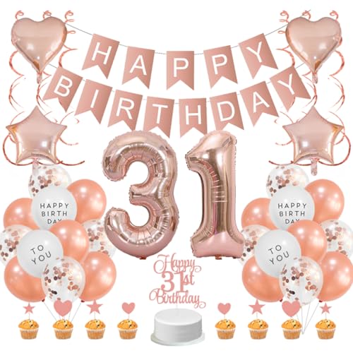 Guoguonb Roségold 31. Geburtstag Dekoration Set 31 Jahr Geburtstag Deko Happy Birthday Banner Luftballons Cake Topper Tortendekoration für Mädchen Madame Frauen Geburtstag von Guoguonb