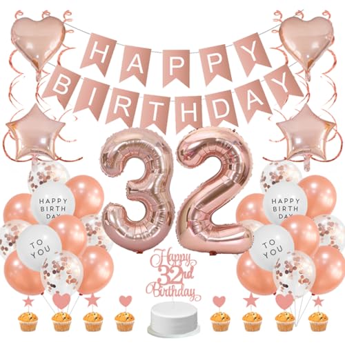 Guoguonb Roségold 32. Geburtstag Dekoration Set 32 Jahr Geburtstag Deko Happy Birthday Banner Luftballons Cake Topper Tortendekoration für Mädchen Madame Frauen Geburtstag von Guoguonb