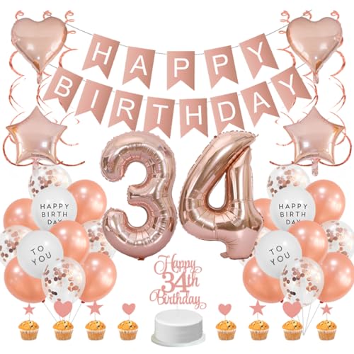 Guoguonb Roségold 34. Geburtstag Dekoration Set 34 Jahr Geburtstag Deko Happy Birthday Banner Luftballons Cake Topper Tortendekoration für Mädchen Madame Frauen Geburtstag von Guoguonb