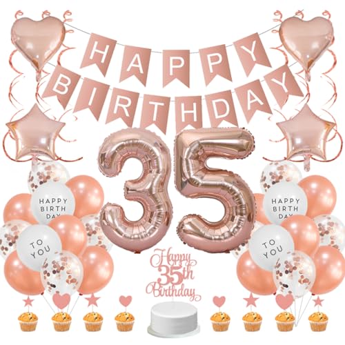 Guoguonb Roségold 35. Geburtstag Dekoration Set 35 Jahr Geburtstag Deko Happy Birthday Banner Luftballons Cake Topper Tortendekoration für Mädchen Madame Frauen Geburtstag von Guoguonb