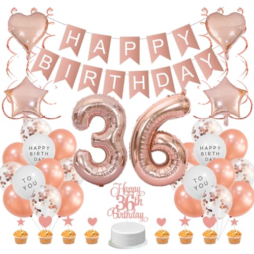 Guoguonb Roségold 36. Geburtstag Dekoration Set 36 Jahr Geburtstag Deko Happy Birthday Banner Luftballons Cake Topper Tortendekoration für Mädchen Madame Frauen Geburtstag von Guoguonb