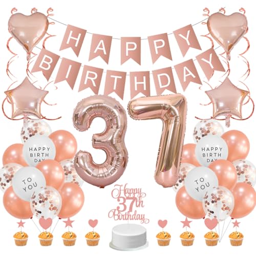 Guoguonb Roségold 37. Geburtstag Dekoration Set 37 Jahr Geburtstag Deko Happy Birthday Banner Luftballons Cake Topper Tortendekoration für Mädchen Madame Frauen Geburtstag von Guoguonb