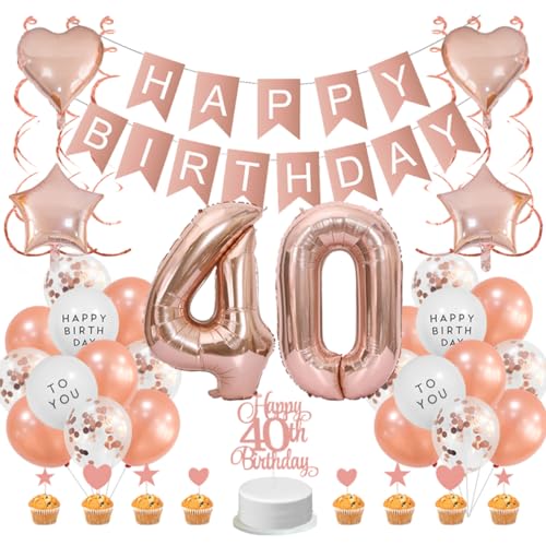 Guoguonb Roségold 40. Geburtstag Dekoration Set 40 Jahr Geburtstag Deko Happy Birthday Banner Luftballons Cake Topper Tortendekoration für Mädchen Madame Frauen Geburtstag von Guoguonb