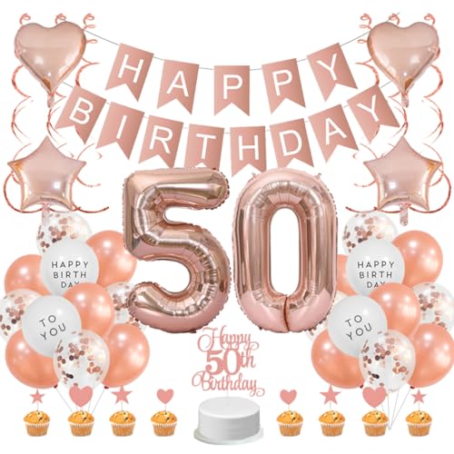 Guoguonb Roségold 50. Geburtstag Dekoration Set 50 Jahr Geburtstag Deko Happy Birthday Banner Luftballons Cake Topper Tortendekoration für Mädchen Madame Frauen Geburtstag von Guoguonb