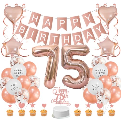 Guoguonb Roségold 75. Geburtstag Dekoration Set 75 Jahr Geburtstag Deko Happy Birthday Banner Luftballons Cake Topper Tortendekoration für Mädchen Madame Frauen Geburtstag von Guoguonb