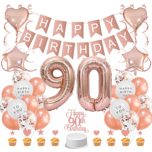 Guoguonb Roségold 90. Geburtstag Dekoration Set 90 Jahr Geburtstag Deko Happy Birthday Banner Luftballons Cake Topper Tortendekoration für Mädchen Madame Frauen Geburtstag von Guoguonb