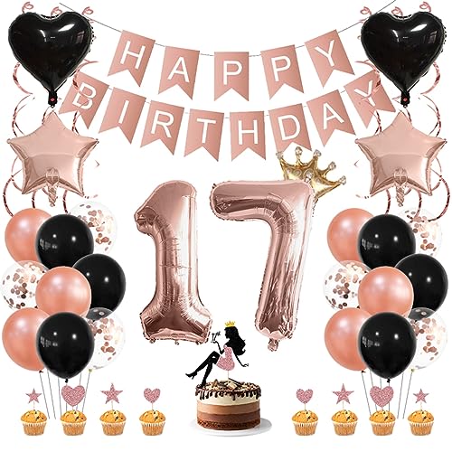 Guoguonb Roségold Geburtstag Dekoration Set 17 Jahr Geburtstag Deko Happy Birthday Banner Luftballons High Heel Girl Cake Topper für Mädchen Frau Deko 17. Geburtstag Party Dekoration von Guoguonb