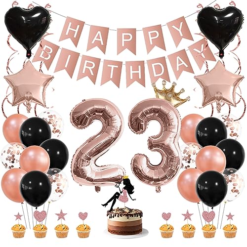 Guoguonb Roségold Geburtstag Dekoration Set 23 Jahr Geburtstag Deko Happy Birthday Banner Luftballons High Heel Girl Cake Topper für Mädchen Frau Deko 23. Geburtstag Party Dekoration von Guoguonb