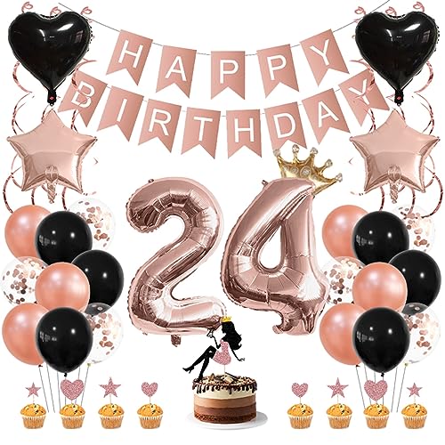 Guoguonb Roségold Geburtstag Dekoration Set 24 Jahr Geburtstag Deko Happy Birthday Banner Luftballons High Heel Girl Cake Topper für Mädchen Frau Deko 24. Geburtstag Party Dekoration von Guoguonb