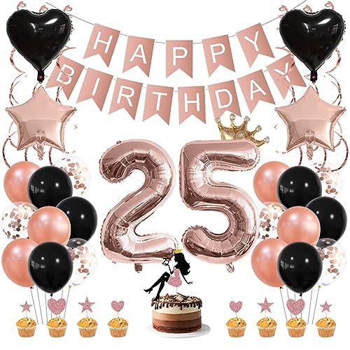 Guoguonb Roségold Geburtstag Dekoration Set 25 Jahr Geburtstag Deko Happy Birthday Banner Luftballons High Heel Girl Cake Topper für Mädchen Frau Deko 25. Geburtstag Party Dekoration von Guoguonb