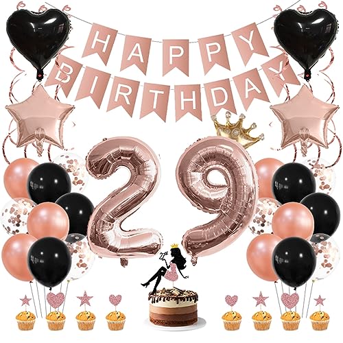 Guoguonb Roségold Geburtstag Dekoration Set 29 Jahr Geburtstag Deko Happy Birthday Banner Luftballons High Heel Girl Cake Topper für Mädchen Frau Deko 29. Geburtstag Party Dekoration von Guoguonb