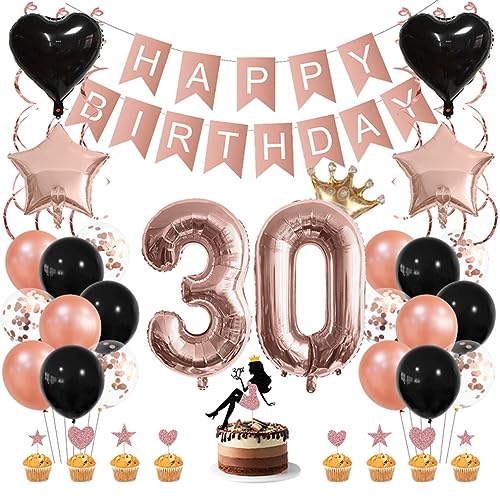 Guoguonb Roségold Geburtstag Dekoration Set 30 Jahr Geburtstag Deko Happy Birthday Banner Luftballons High Heel Girl Cake Topper für Mädchen Frau Deko 30. Geburtstag Party Dekoration von Guoguonb