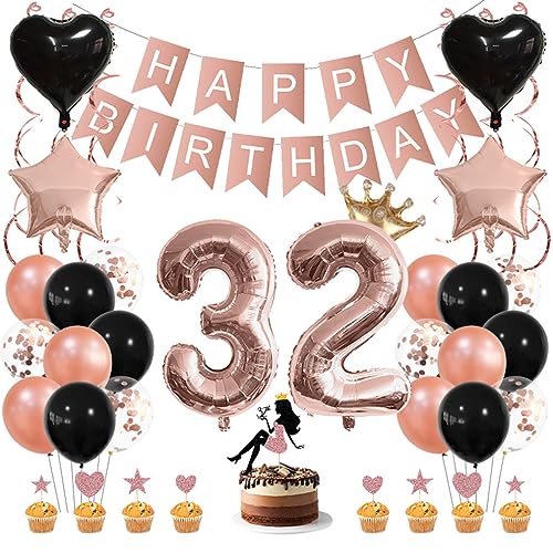 Guoguonb Roségold Geburtstag Dekoration Set 32 Jahr Geburtstag Deko Happy Birthday Banner Luftballons High Heel Girl Cake Topper für Mädchen Frau Deko 32. Geburtstag Party Dekoration von Guoguonb