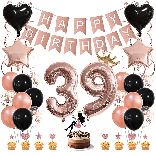 Guoguonb Roségold Geburtstag Dekoration Set 39 Jahr Geburtstag Deko Happy Birthday Banner Luftballons High Heel Girl Cake Topper für Mädchen Frau Deko 39. Geburtstag Party Dekoration von Guoguonb