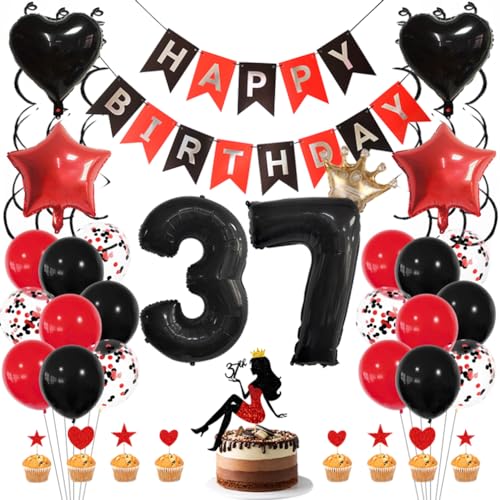 Guoguonb Rot Geburtstag Dekoration Set 37 Jahr Geburtstag Deko Happy Birthday Banner Luftballons High Heel Girl Cake Topper für Mädchen Frau Deko 37. Geburtstag Party Dekoration von Guoguonb