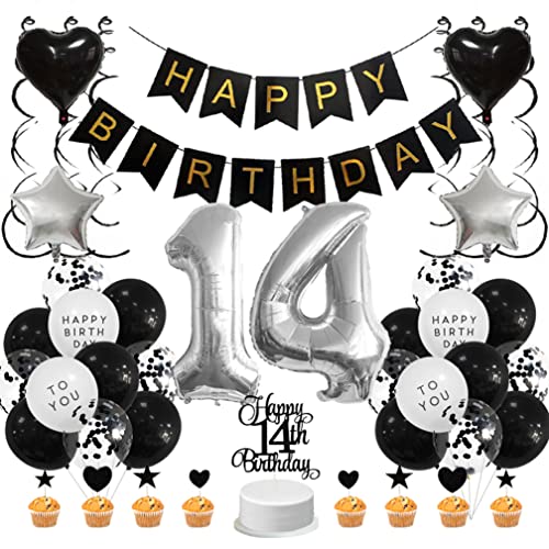 Guoguonb Schwarz Geburtstag Dekoration Set 14 Jahr Geburtstag Deko Happy Birthday Banner Luftballons Cake Topper Tortendekoration für Deko 14. Geburtstag Party Dekoration von Guoguonb