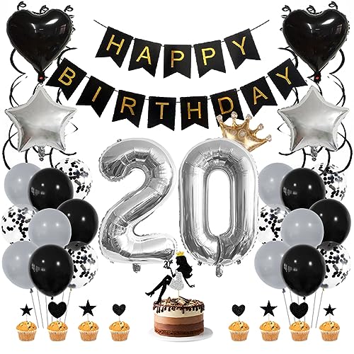 Guoguonb Schwarz Geburtstag Dekoration Set 20 Jahr Geburtstag Deko Happy Birthday Banner Luftballons High Heel Girl Cake Topper für Mädchen Frau Deko 20. Geburtstag Party Dekoration von Guoguonb