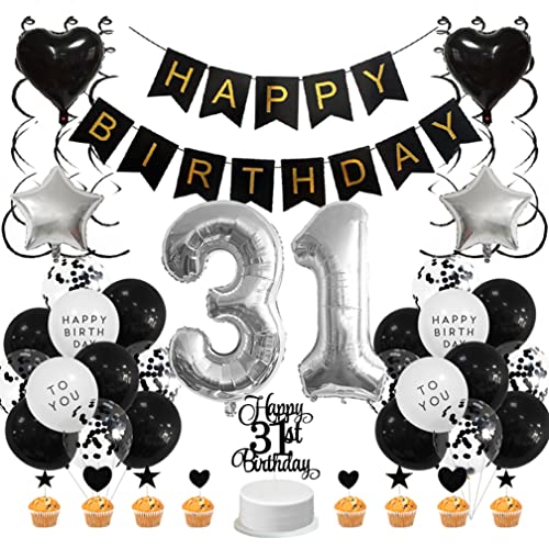 Guoguonb Schwarz Geburtstag Dekoration Set 31 Jahr Geburtstag Deko Happy Birthday Banner Luftballons Cake Topper Tortendekoration für Deko 31. Geburtstag Party Dekoration von Guoguonb