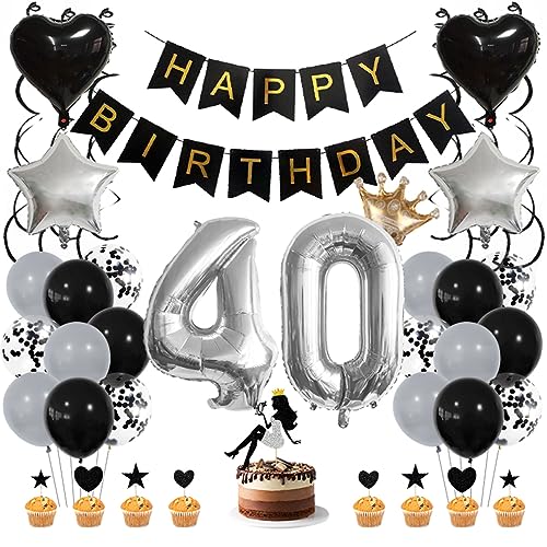 Guoguonb Schwarz Geburtstag Dekoration Set 40 Jahr Geburtstag Deko Happy Birthday Banner Luftballons High Heel Girl Cake Topper für Mädchen Frau Deko 40. Geburtstag Party Dekoration von Guoguonb