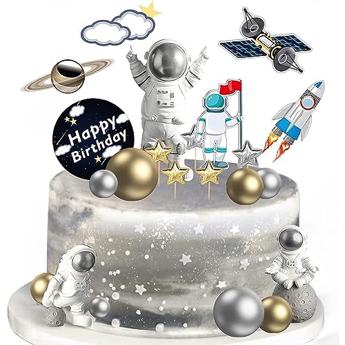 Guoguonb Silber Astronauten Tortendeko Set Weltraum Kindergeburtstag Tortendeko Kugeln Weltraum Cupcake Toppers für Weltraum Planeten Geburtstag Kinder Party von Guoguonb