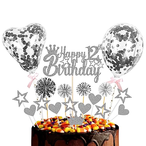 Guoguonb Silber Tortendeko Happy 12th Birthday 12 Jahre Mädchen Jungen Kuchendeko Herz Stern Ballon Glitter Cake Topper für 12. Geburtstag Party Kuchen Deko von Guoguonb
