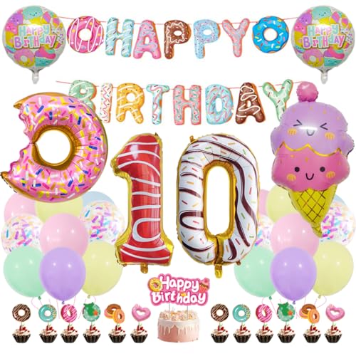 Guoguonb Süße Themen 10. Geburtstag Party Deko Donut Druck Ballon Eiscreme Cupcake Topper Tortendekoration Happy Birthday Banner für 10 Jahr Geburtstagsdeko Kinder Birthday Decorations von Guoguonb