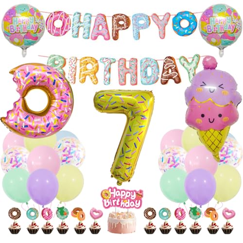 Guoguonb Süße Themen 7. Geburtstag Party Deko Donut Druck Ballon Eiscreme Cupcake Topper Tortendekoration Happy Birthday Banner für 7 Jahr Geburtstagsdeko Kinder Birthday Decorations von Guoguonb