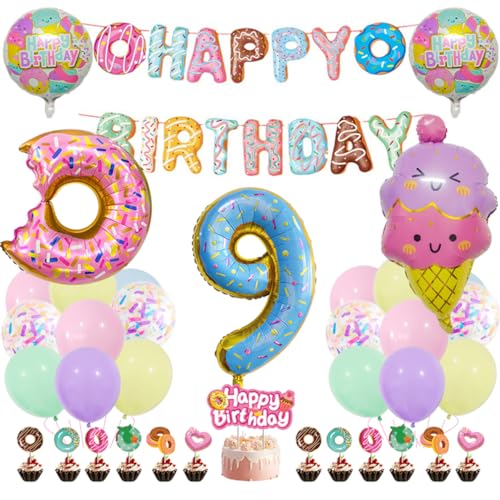 Guoguonb Süße Themen 9. Geburtstag Party Deko Donut Druck Ballon Eiscreme Cupcake Topper Tortendekoration Happy Birthday Banner für 9 Jahr Geburtstagsdeko Kinder Birthday Decorations von Guoguonb