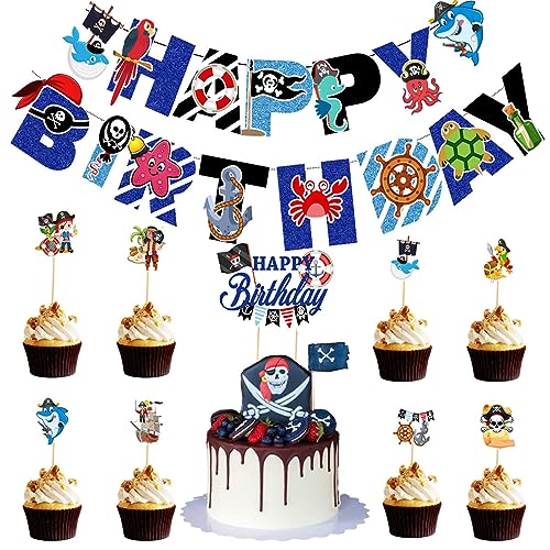 Guoguonb Thema Piraten Geburtstag Party Dekoration 1x Groß Happy Birthday Cake Topper 8x Stück Cupcake und 1x Piraten-Serie Banner für Mädchen Junge Kinder Halloween Party Muffin Deko von Guoguonb