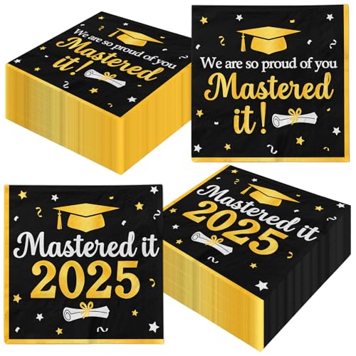 Mastered it Servietten 2025, Schwarz / Gold, Abschlussdekoration, 3 Stück, Klasse 2025, Papierservietten für Master College High School Graduation Party Supplies von Gupesxu