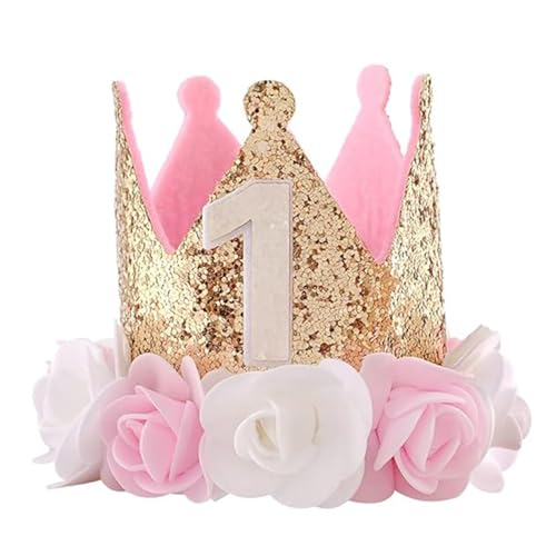 Gurfzcyuoo Baby Mädchen 1. Geburtstag Hut, Baby Tiara Krone für 1. Geburtstag Party, funkelndes Goldblumen-Design, 1. Geburtstag Mädchen Dekorationen für 1. Geburtstag Dekorationen – Glitzer-Stil mit von Gurfzcyuoo