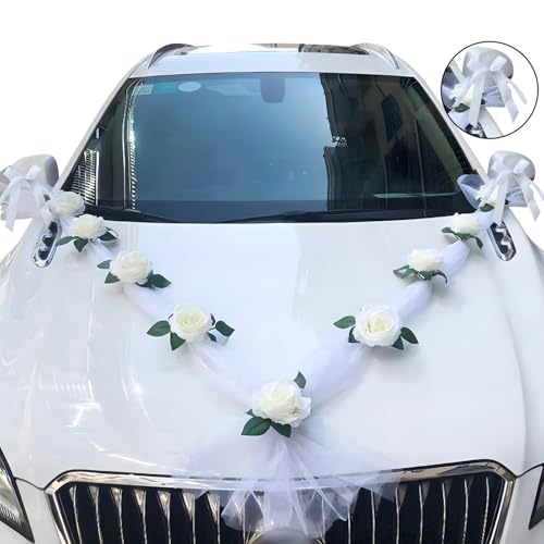 Gurxi Autoschleifen（4Stück） Hochzeit Girlande Hochzeitsschmuck （1Stück） Weiß Gaze Rosendekoration Set mit Saugnäpfen Auto Schmuck Braut Paar Rose Deko Dekoration Car Auto Wedding von Gurxi