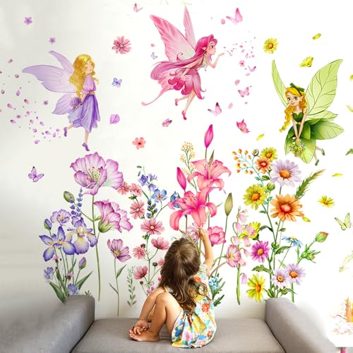 Gurxi Blume Fee Wandsticker Blumen Schmetterling Elfen Buntes Pflanze Blume Selbstklebend Wandtattoo Kinderzimmer Mädchen Jungen Baby für Mädchen Kinder Kinderzimmer Schlafzimmer von Gurxi