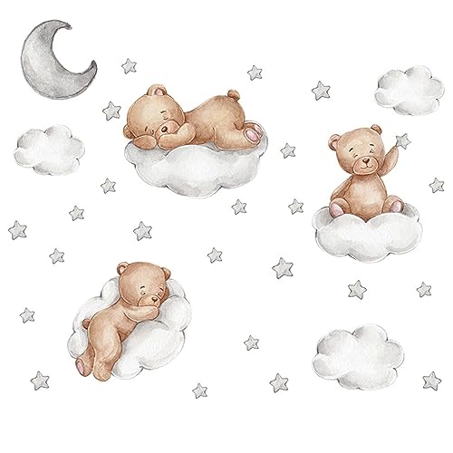 Wandtattoo Kinderzimmer Wandsticker Kinderzimmer Babyzimmer Deko Wand Selbstklebend Teddybär Wolken Wandaufkleber Sterne Mond Wandtattoo für Mädchen Junge Kinderzimmer Babyzimmer Wanddeko von Gurxi