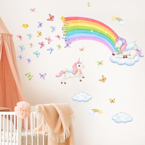 Wandtattoo Regenbogen Wandtattoo Kinderzimmer Mädchen Wandsticker Einhorn Wandaufkleber Kinderzimmer Selbstklebend Regenbogen Einhorn Wandaufkleber Wandtattoo für Kinderzimmer Babyzimmer Wanddeko von Gurxi