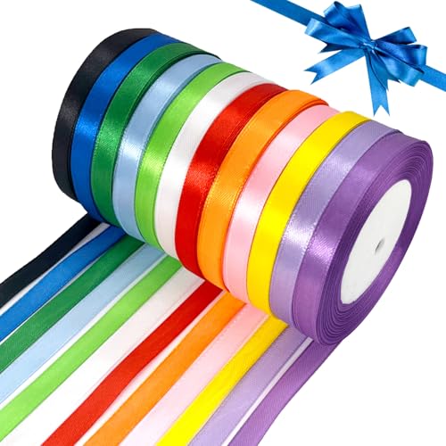 Guscase 12 Farben Satinband 10mm Breite, 22 Meters Geschenkband Dekoband, Schleifenband für Geschenkverpackung, Satinband Weiss Grün Bunt zum Dekorieren, Basteln & Blumenstrauß, Anlass von Guscase