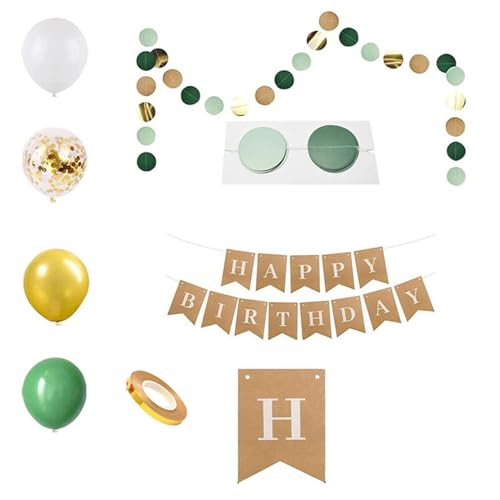 Partydekorationsset mit Happy Birthday Banner, Ballonkette, Vintage Round Pull Fahnen & Kraft Fishtail Banners - Grünes Ballonpaket von Gusoul