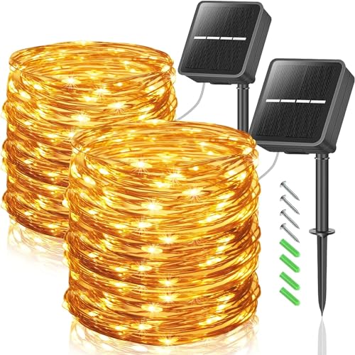 GutPop Solar Lichterkette Aussen : 12M 100 LED Lichterkette Außen Solar - Solar Weihnachtsbeleuchtung Außen mit 8 Modi für Balkon, Gartendeko, Bäume, Terrasse, Hochzeiten, Warmweiß 2 Stück von GutPop